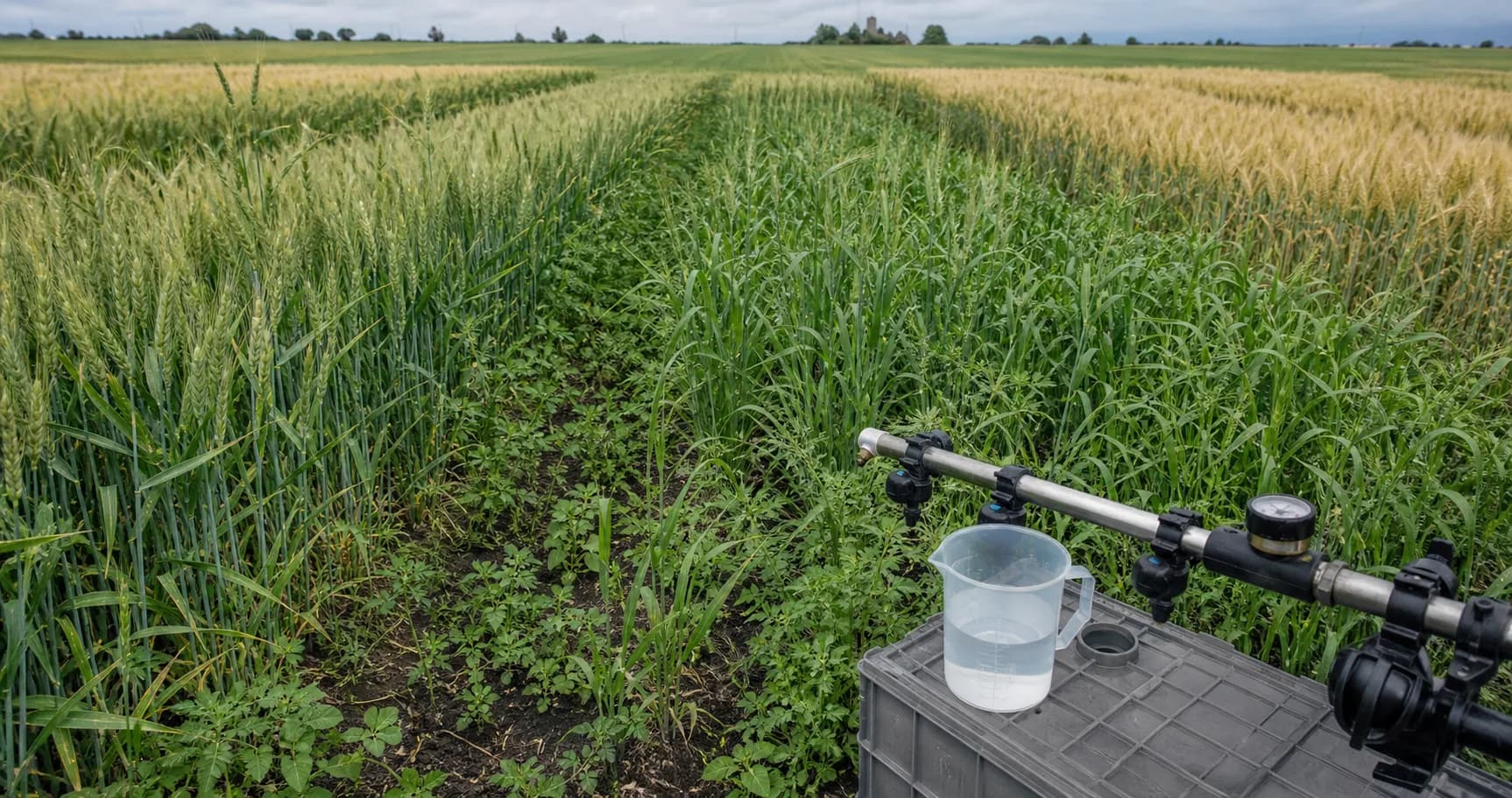 Campo de cereal con malas hierbas y equipo de aplicación para mezcla herbicida