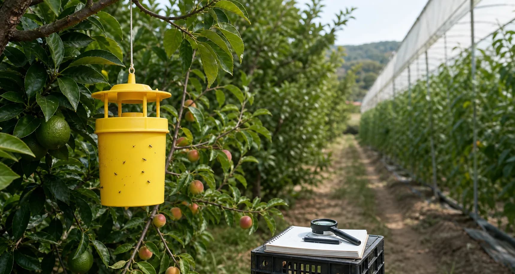 Trampa amarilla de seguimiento en frutal junto a cultivo hortícola protegido
