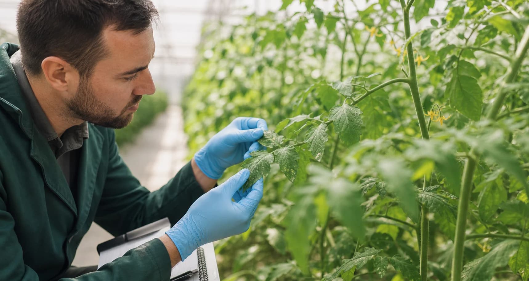 Técnico inspeccionando hojas de tomate en invernadero para detectar síntomas tempranos de enfermedad