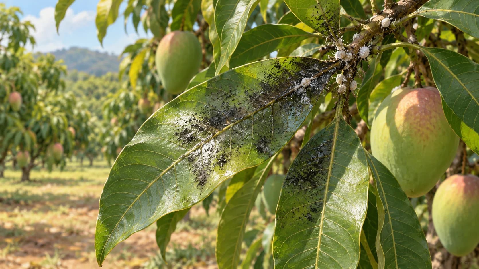 Ilustración de hojas de mango con manchas oscuras y depósitos blancos en una rama, junto a frutos en una plantación.