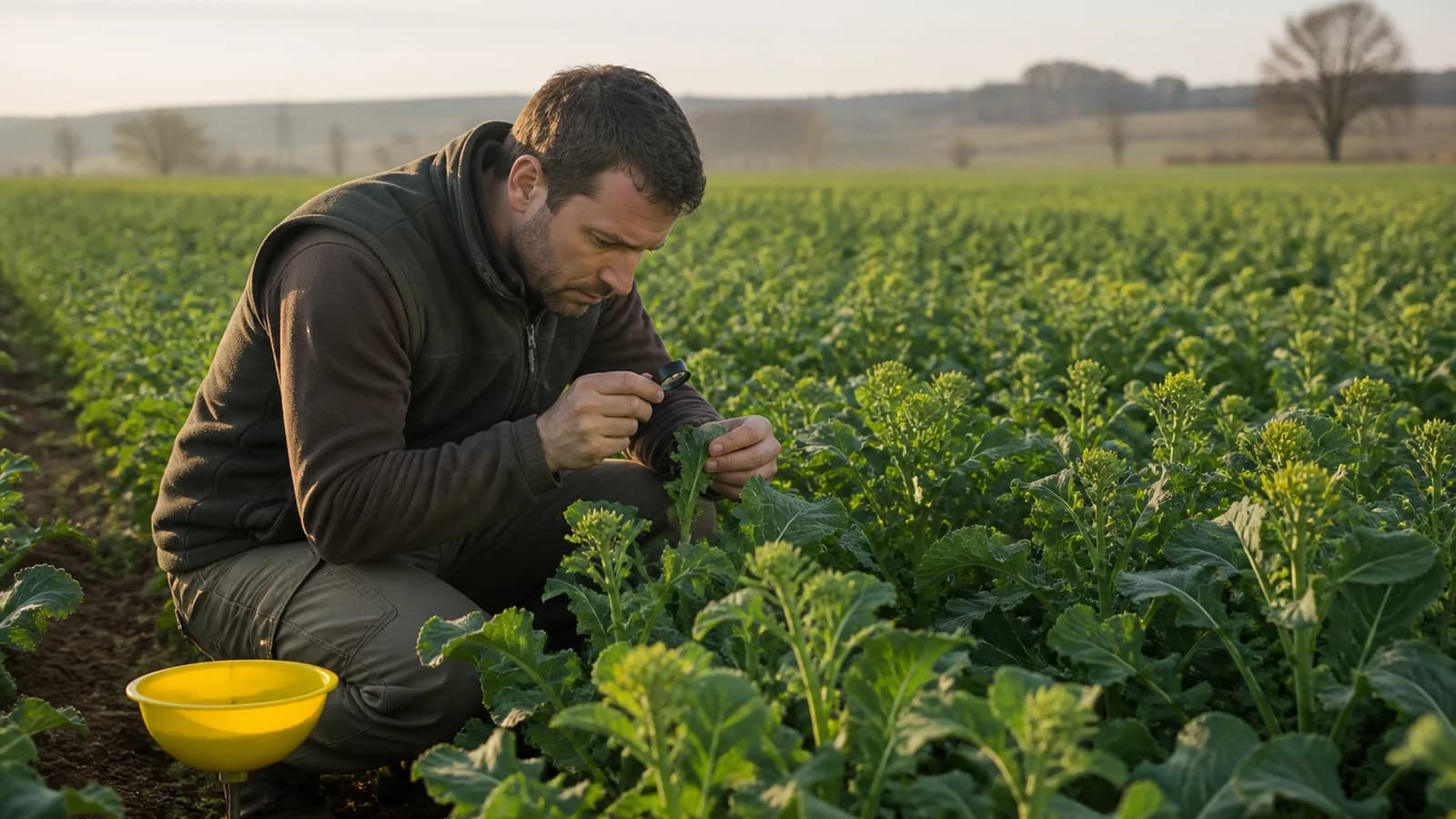 Técnico inspeccionando una parcela de colza antes de floración junto a una trampa amarilla