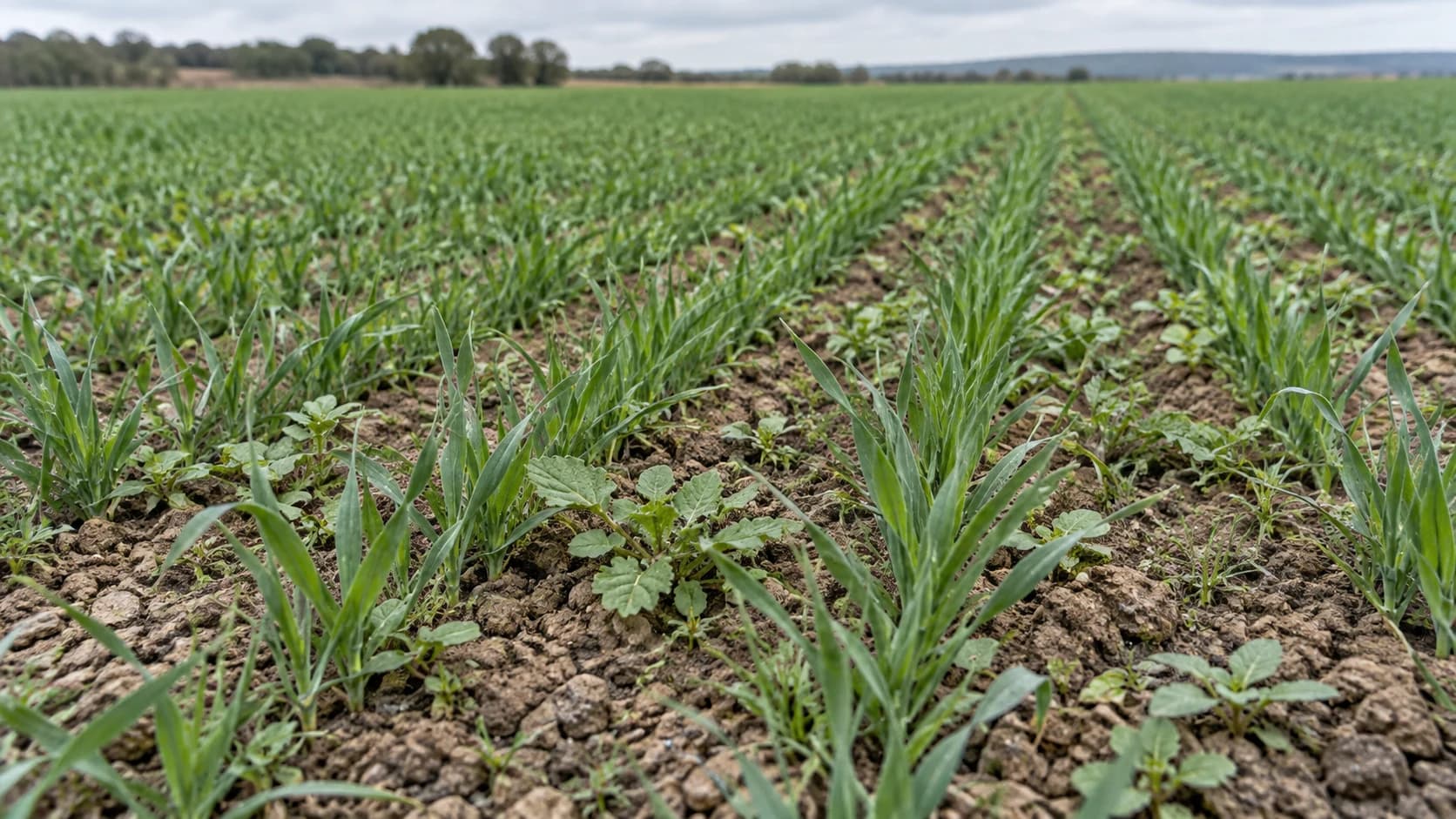 Malas hierbas entre plantas de cereal en una escena de campo