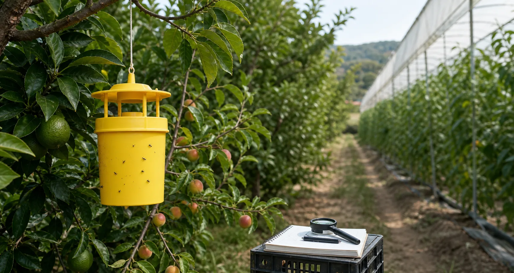 Trampa amarilla de seguimiento en frutal junto a cultivo hortícola protegido